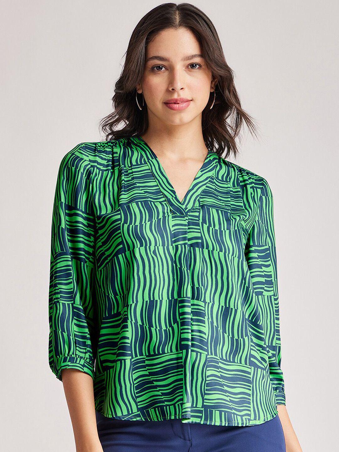fablestreet abstract printed v-neck cuffed sleeves shirt style top
