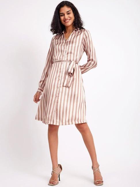 fablestreet beige & brown striped wrap dress