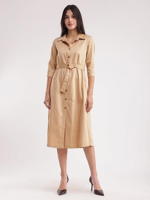 fablestreet beige cotton midi shirt dress