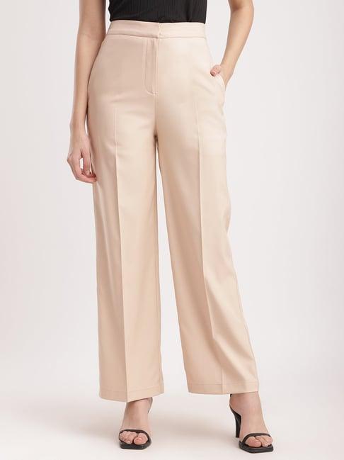 fablestreet beige polyester relaxed fit high rise trousers