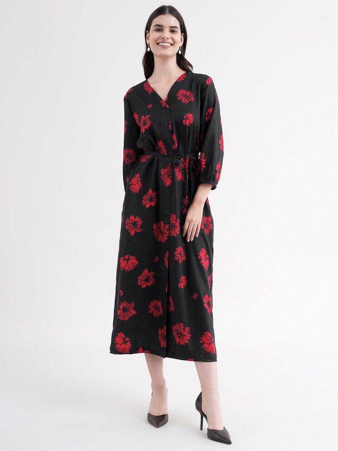 fablestreet black & red floral formal midi dress