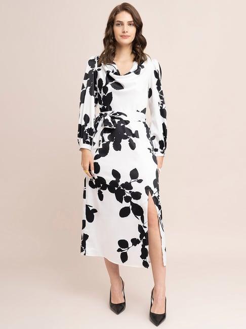 fablestreet black & white floral print a line dress