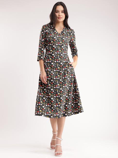 fablestreet black floral print midi dress