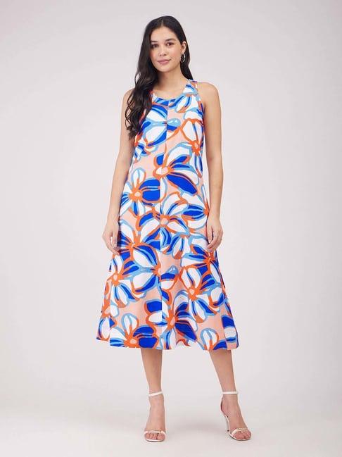 fablestreet blue & peach printed a-line dress