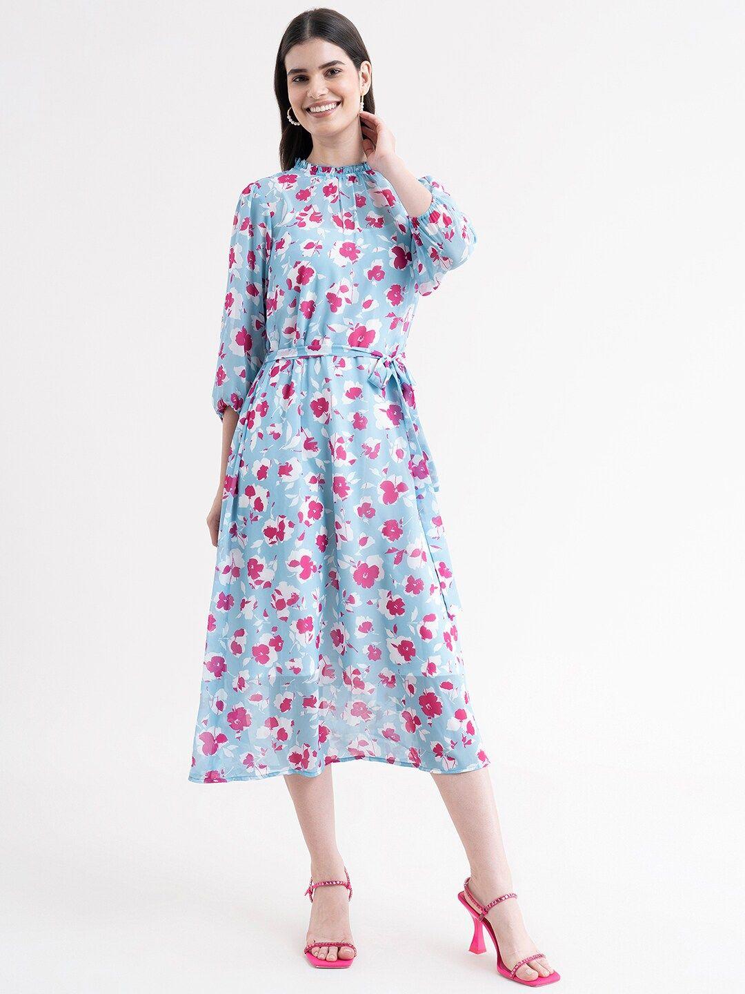 fablestreet blue & pink floral georgette midi dress