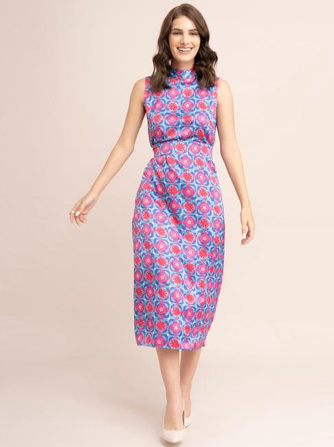 fablestreet blue & pink floral print midi dress