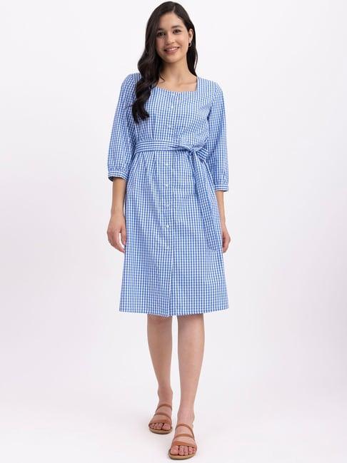 fablestreet blue & white cotton checks wrap dress