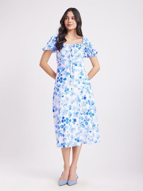 fablestreet blue & white floral print midi dress