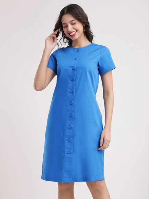 fablestreet blue cotton relaxed fit shirt dress