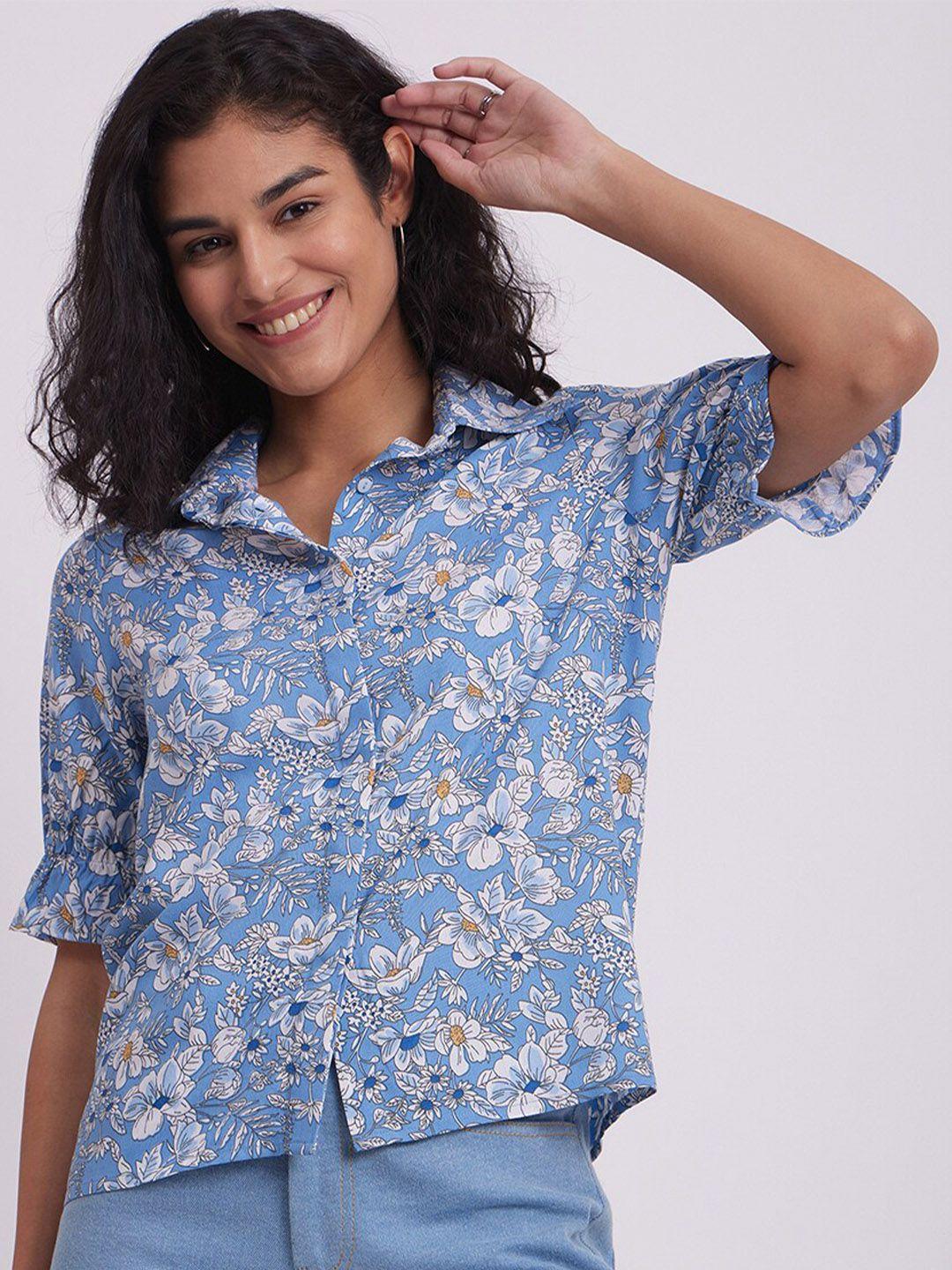 fablestreet blue floral print bell sleeve shirt style top