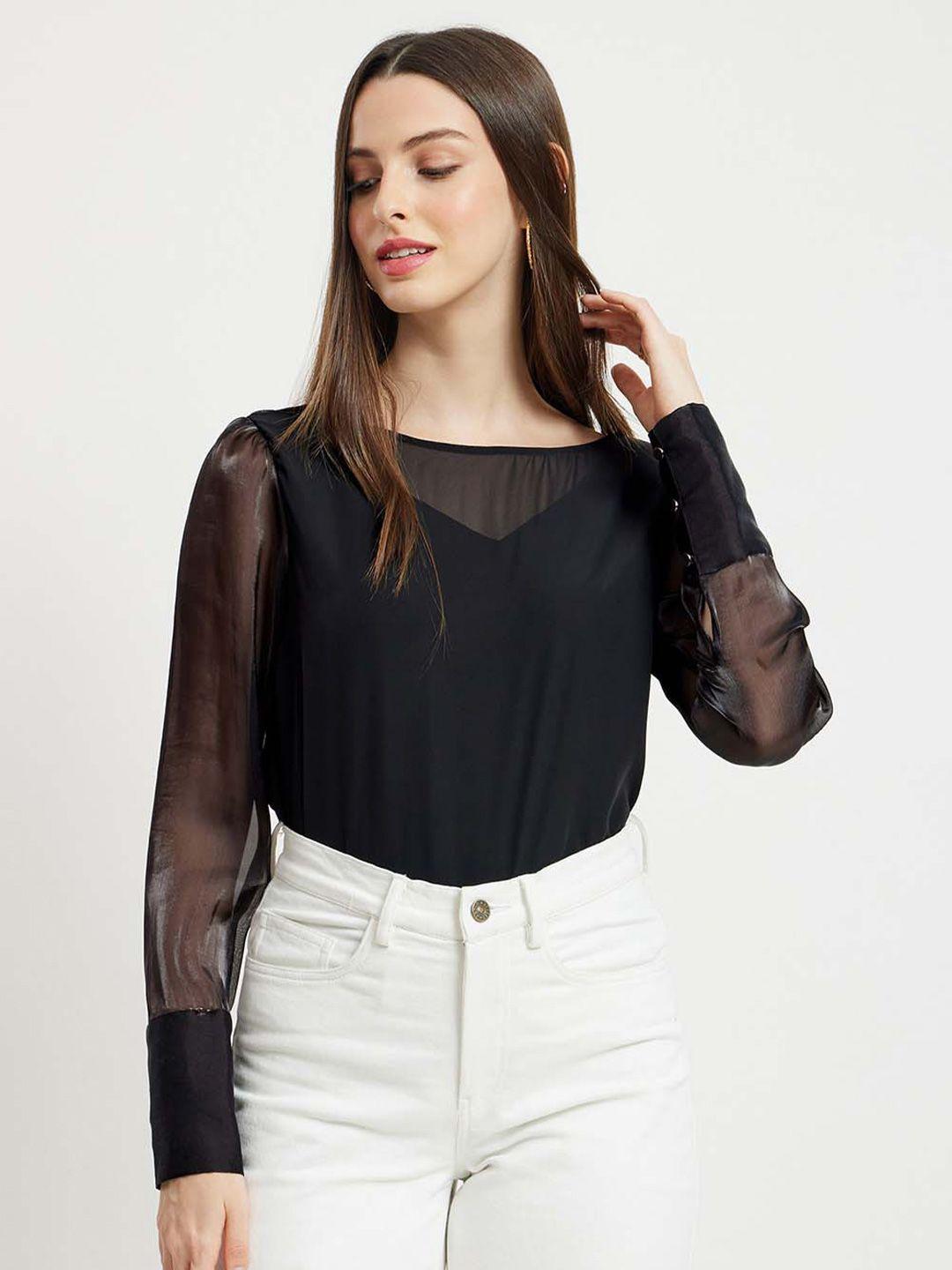 fablestreet boat neck satin semi sheer cuffed sleeve top