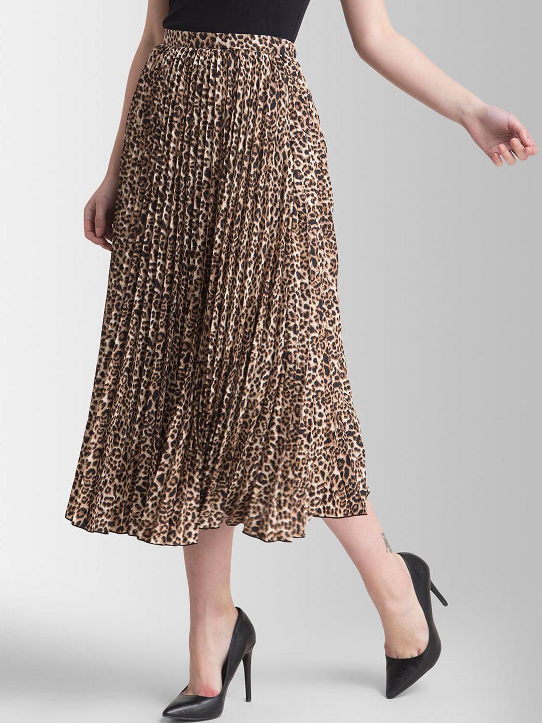 fablestreet brown & beige animal printed flared midi skirt