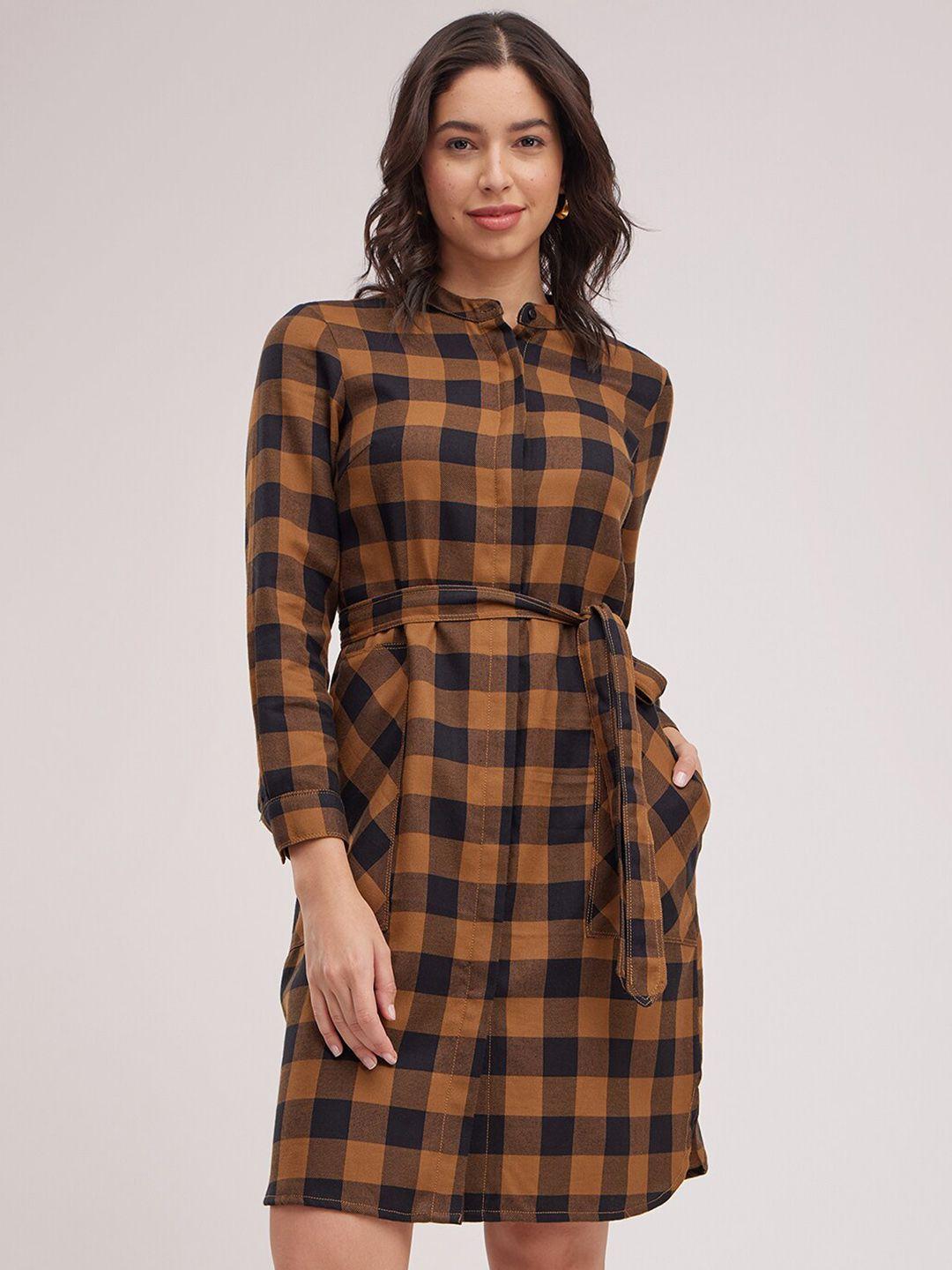 fablestreet checked band collar belted shirt dress