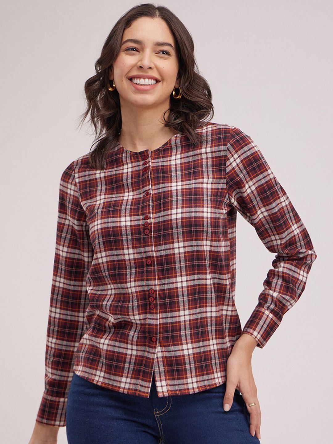 fablestreet checked round neck cuffed sleeves pure cotton shirt style top