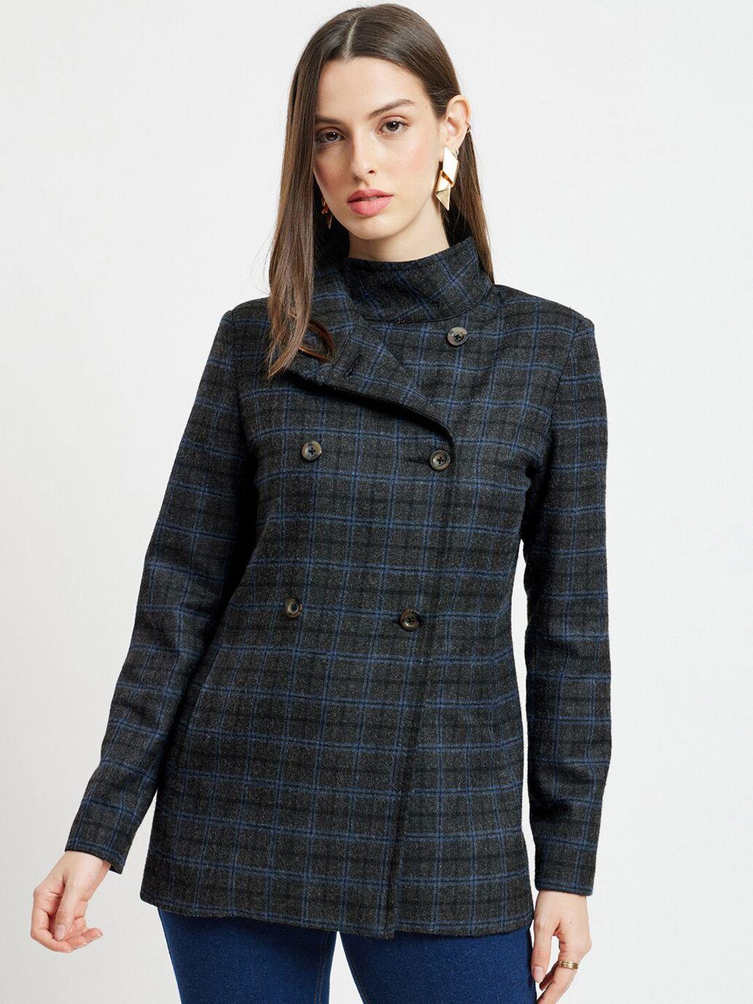 fablestreet checked woollen double breasted open front jacket