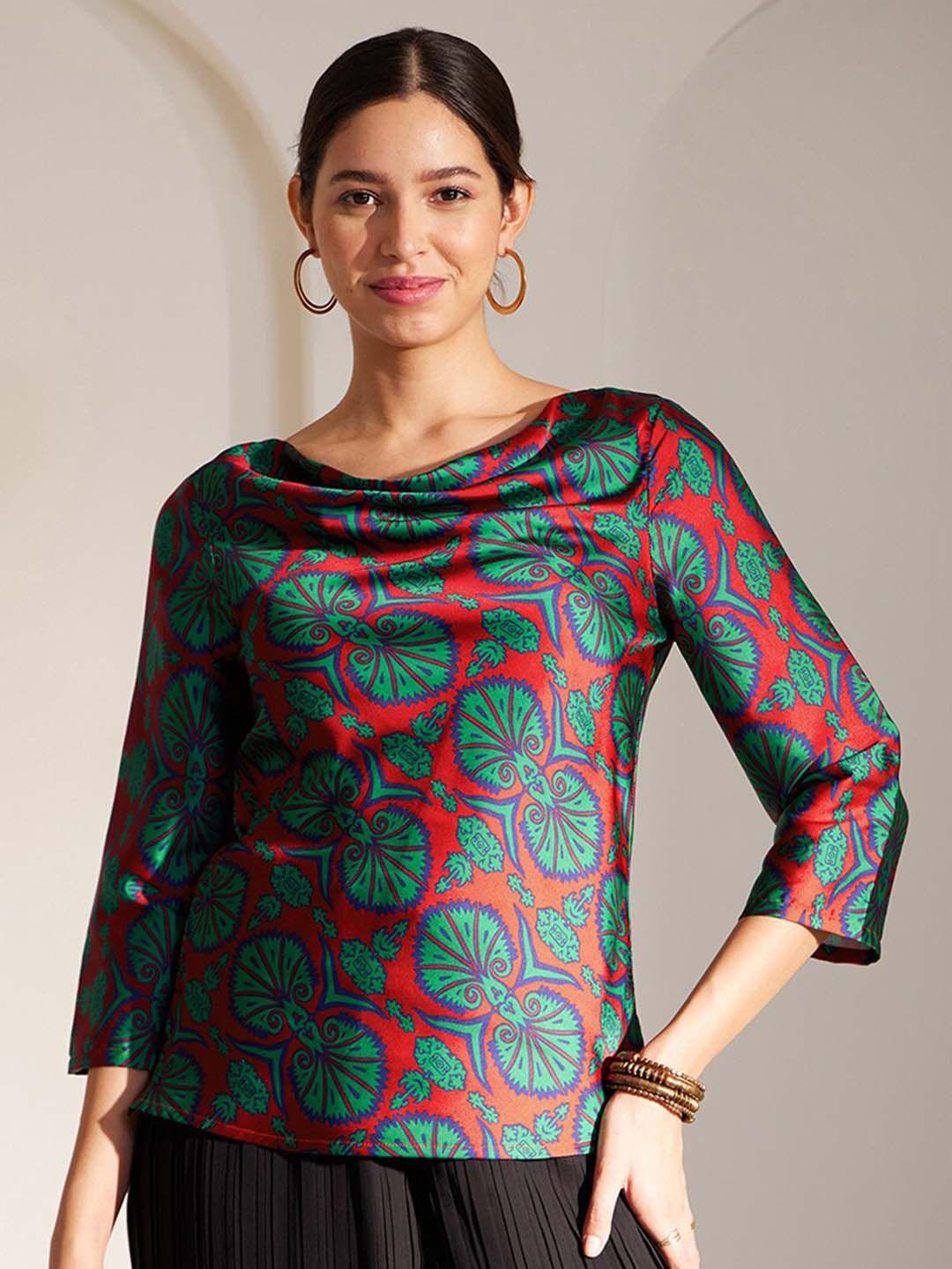 fablestreet ethnic motifs printed cowl neck satin top