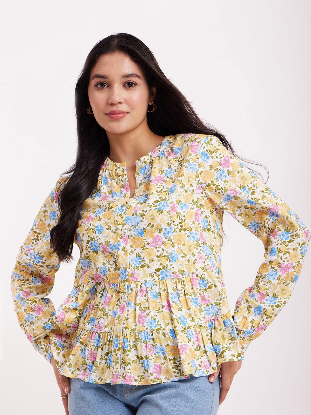 fablestreet floral opaque printed tiered casual shirt
