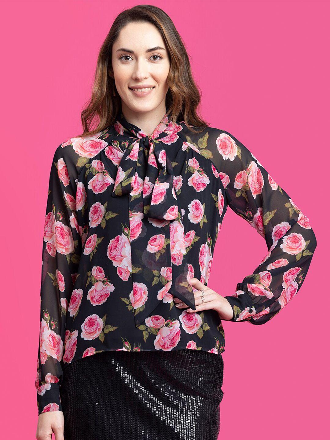 fablestreet floral print tie-up neck top