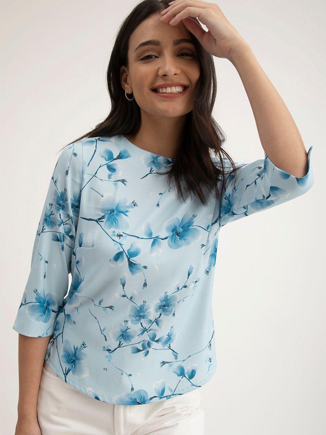 fablestreet floral printed crew neck three-quarter sleeves top