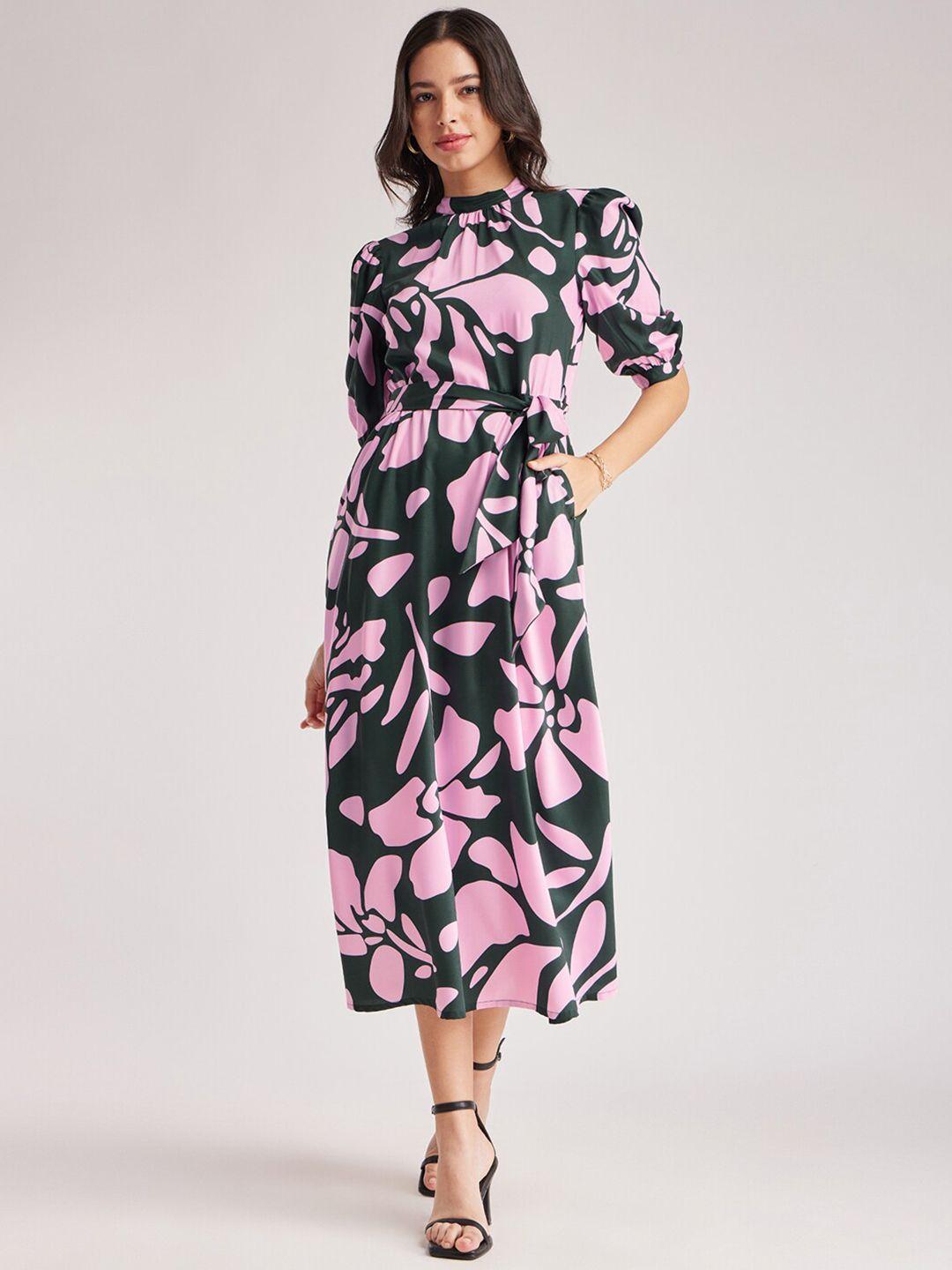 fablestreet floral printed high neck puff sleeves midi dress