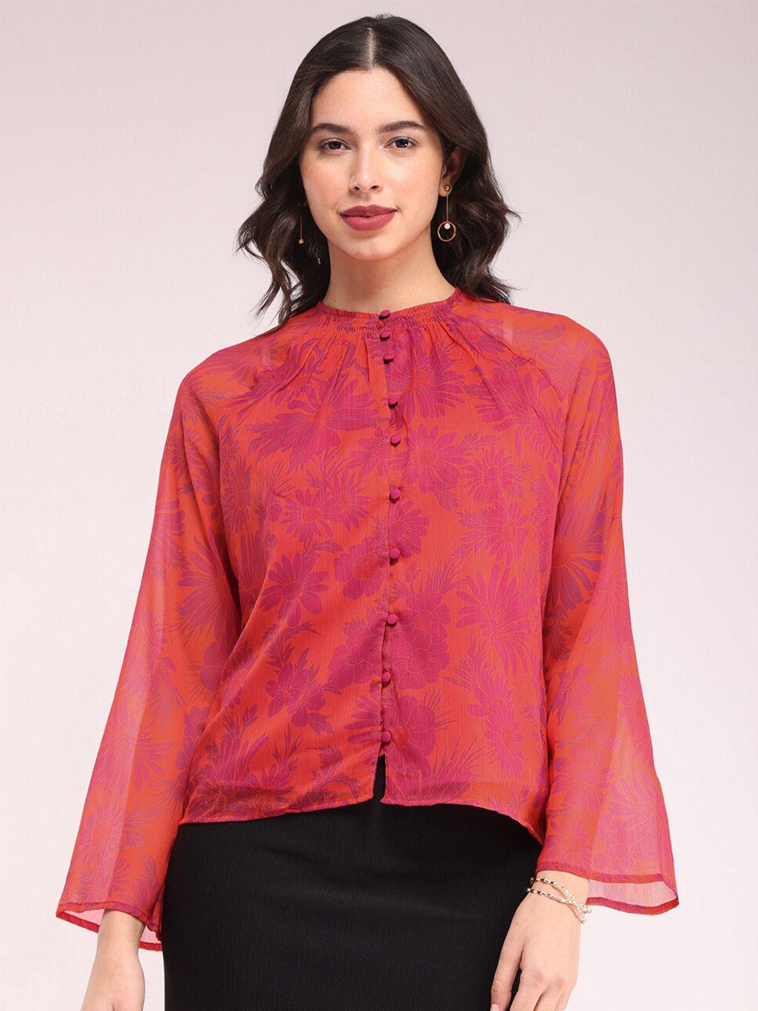 fablestreet floral printed semi sheer shirt style top