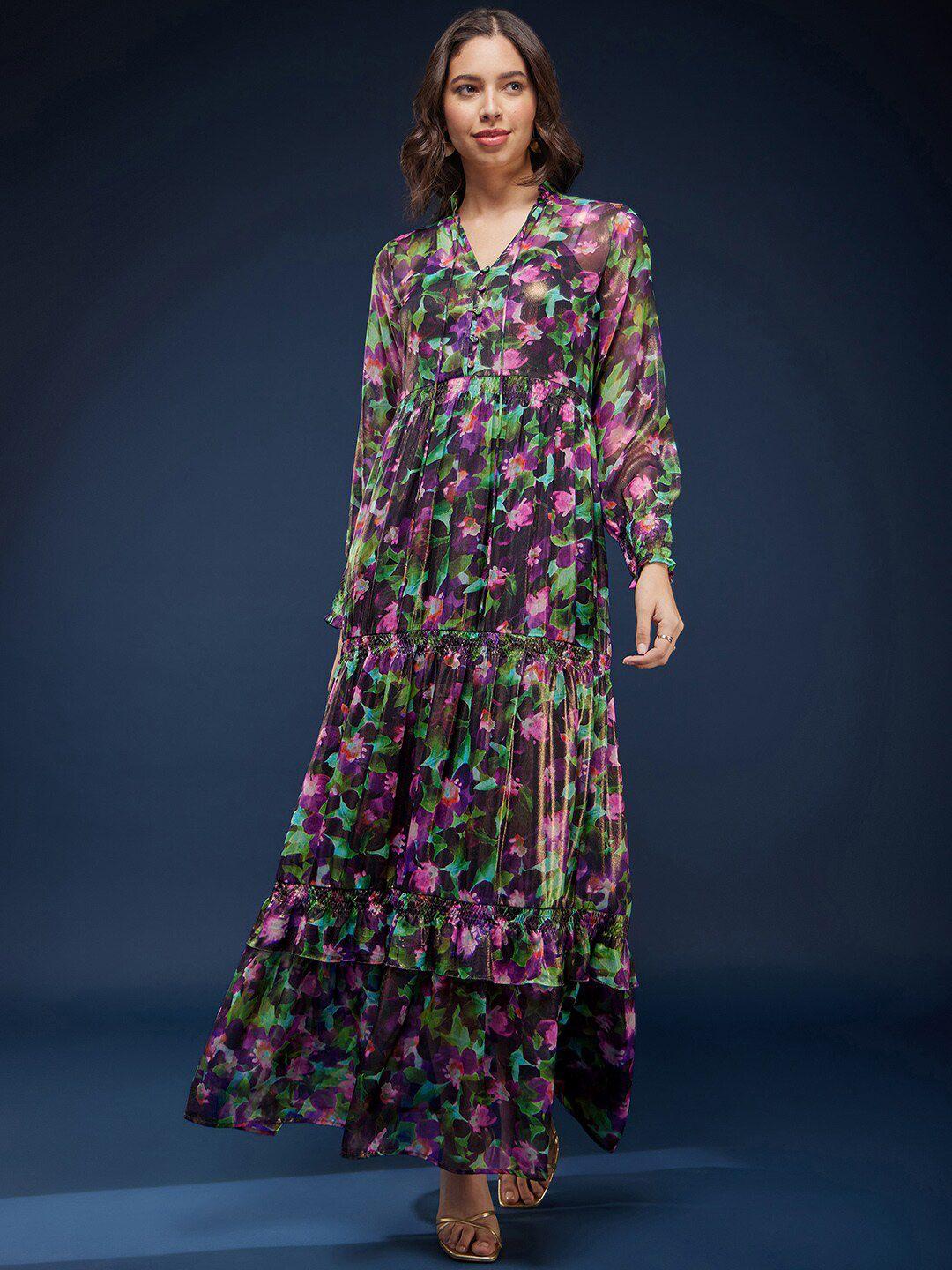 fablestreet floral printed smocked detailed tie-up neck maxi dress