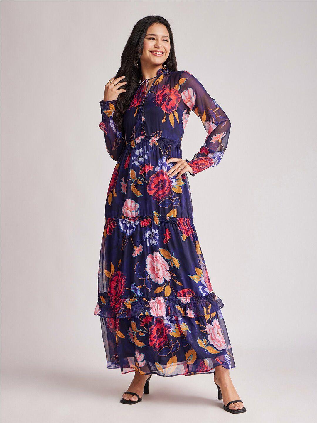 fablestreet floral printed tie-up neck smocked semi sheer tiered chiffon maxi dress