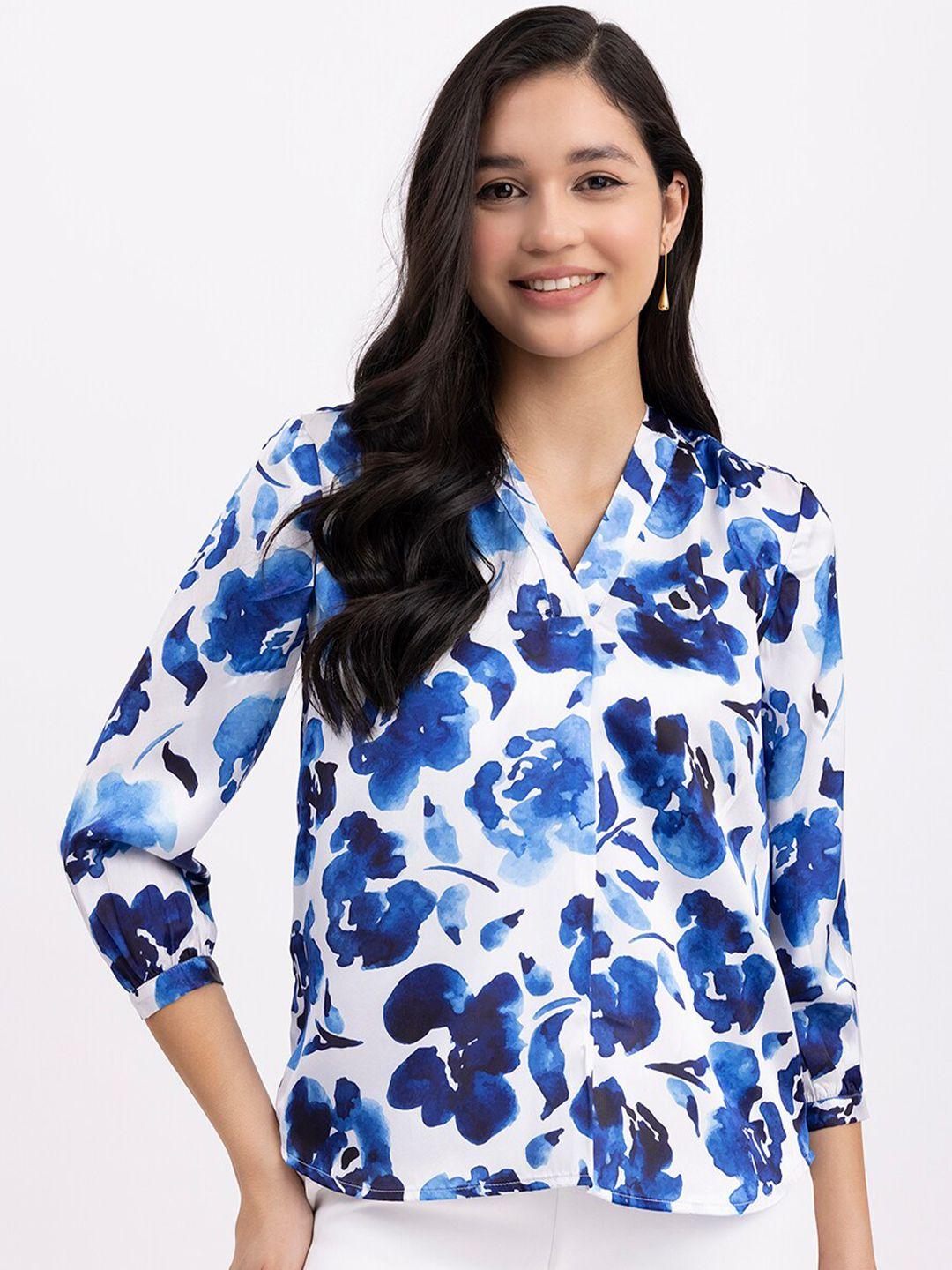 fablestreet floral printed v-neck satin shirt style top