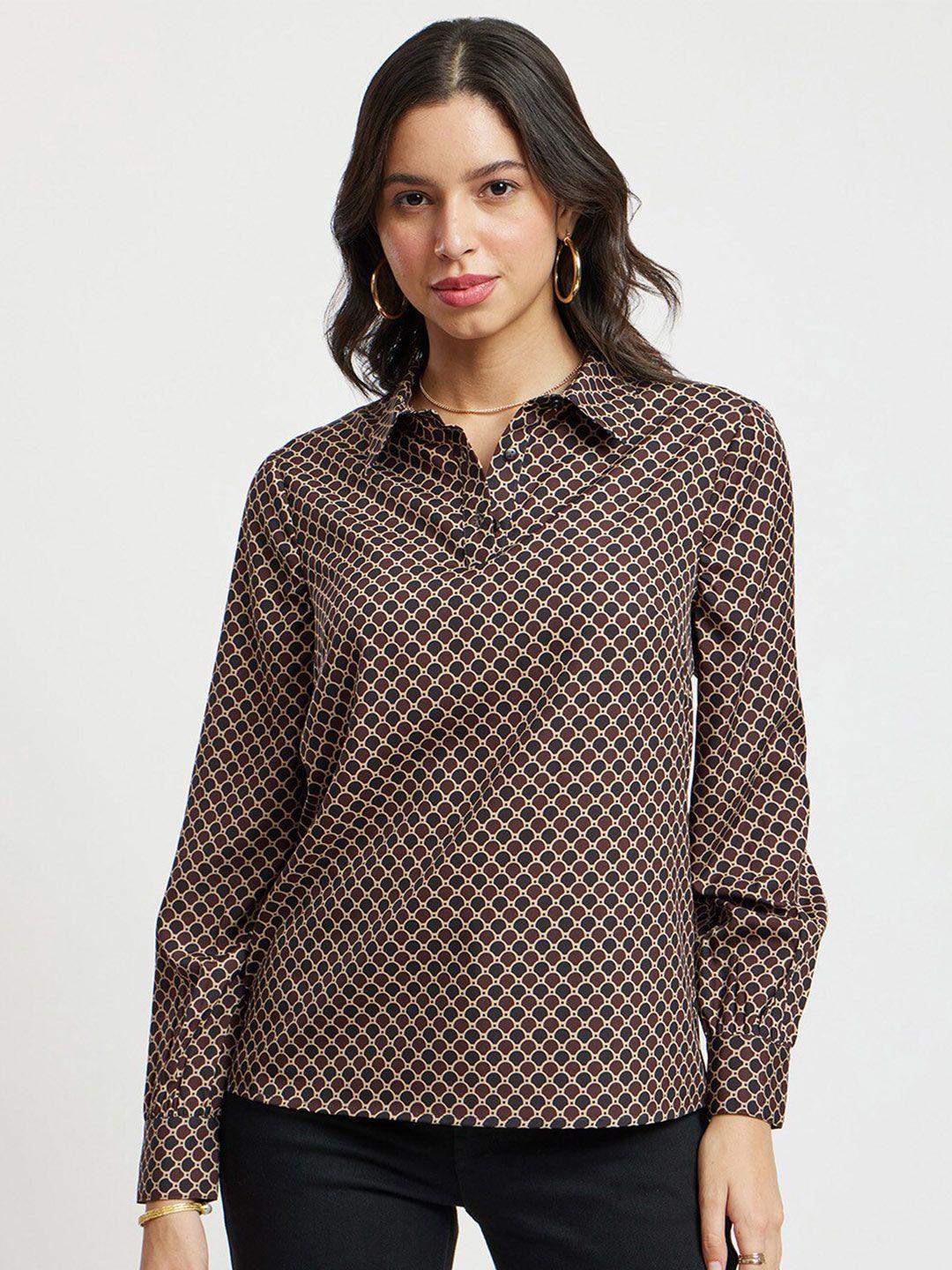 fablestreet geometric printed shirt collar satin shirt style top