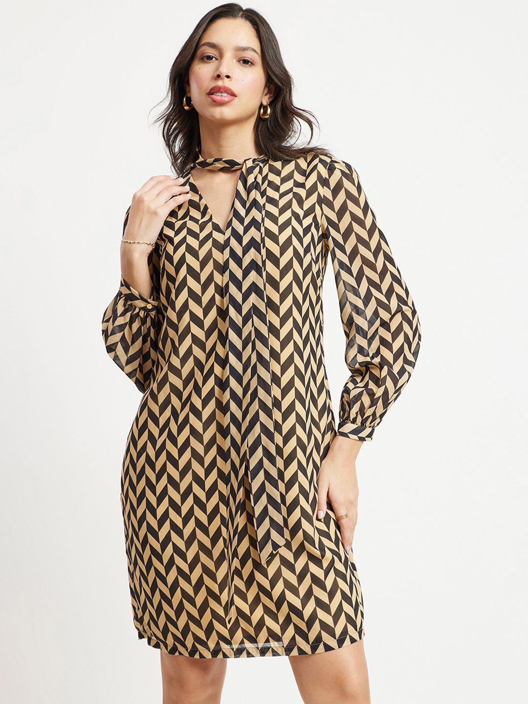 fablestreet geometric printed tie-up neck satin a-line dress