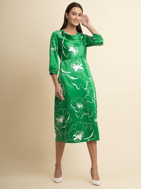 fablestreet green & white floral print a line dress