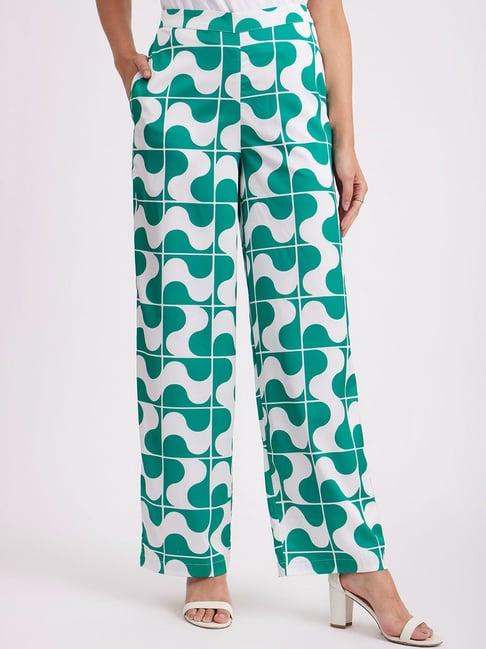 fablestreet green & white printed mid rise trousers