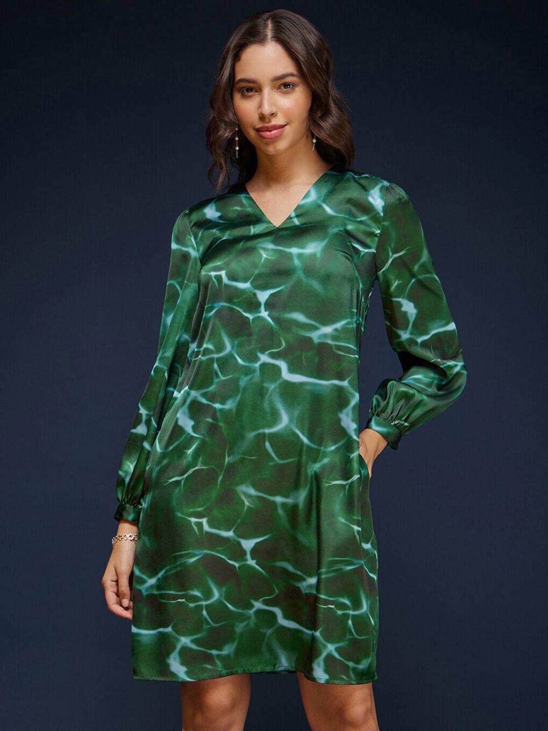 fablestreet green abstract printed v-neck cuffed sleeves satin a-line dress