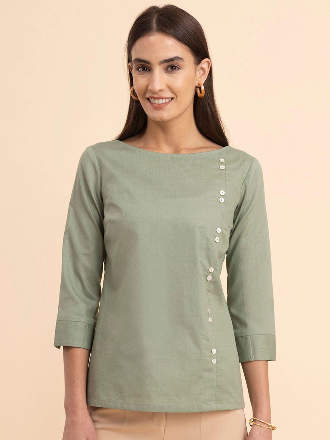 fablestreet green monochrome linen top