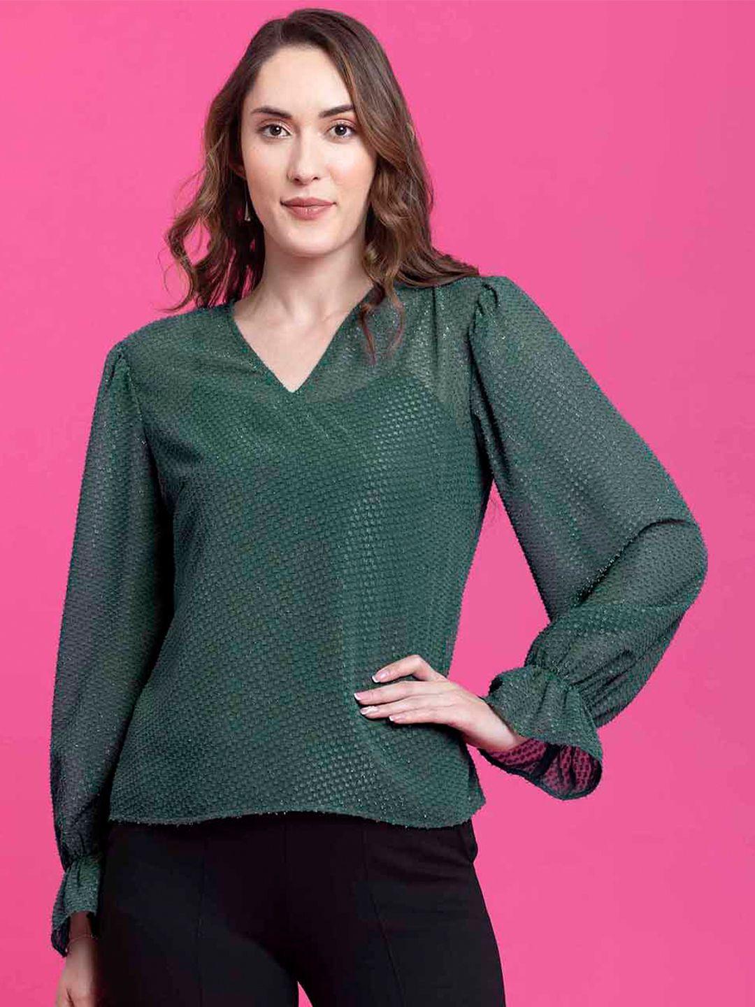 fablestreet green semi sheer woven design top