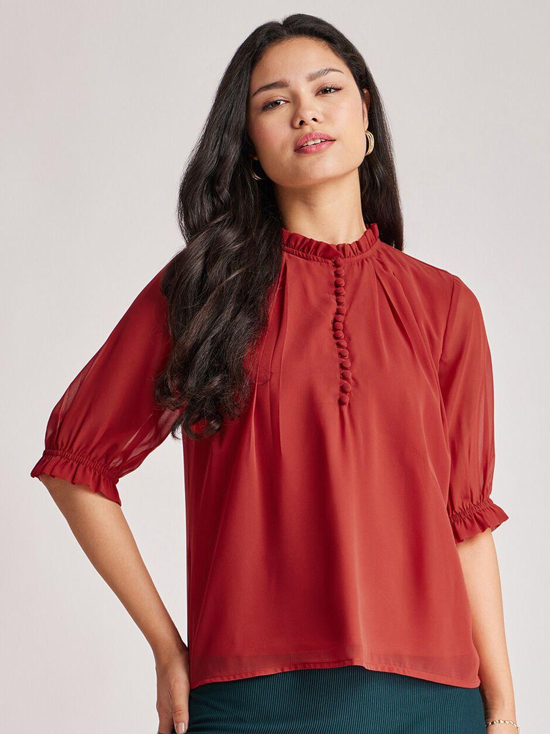 fablestreet high neck puff sleeves georgette top