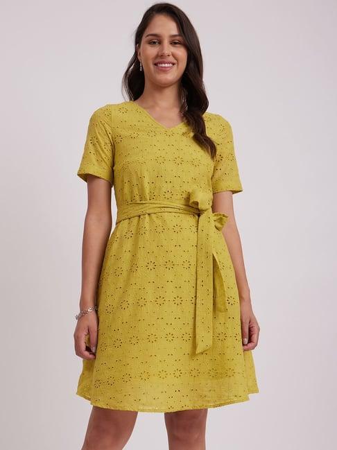 fablestreet lime yellow cotton embroidered a-line dress