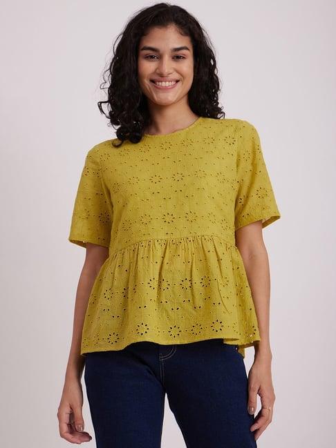 fablestreet lime yellow cotton embroidered top