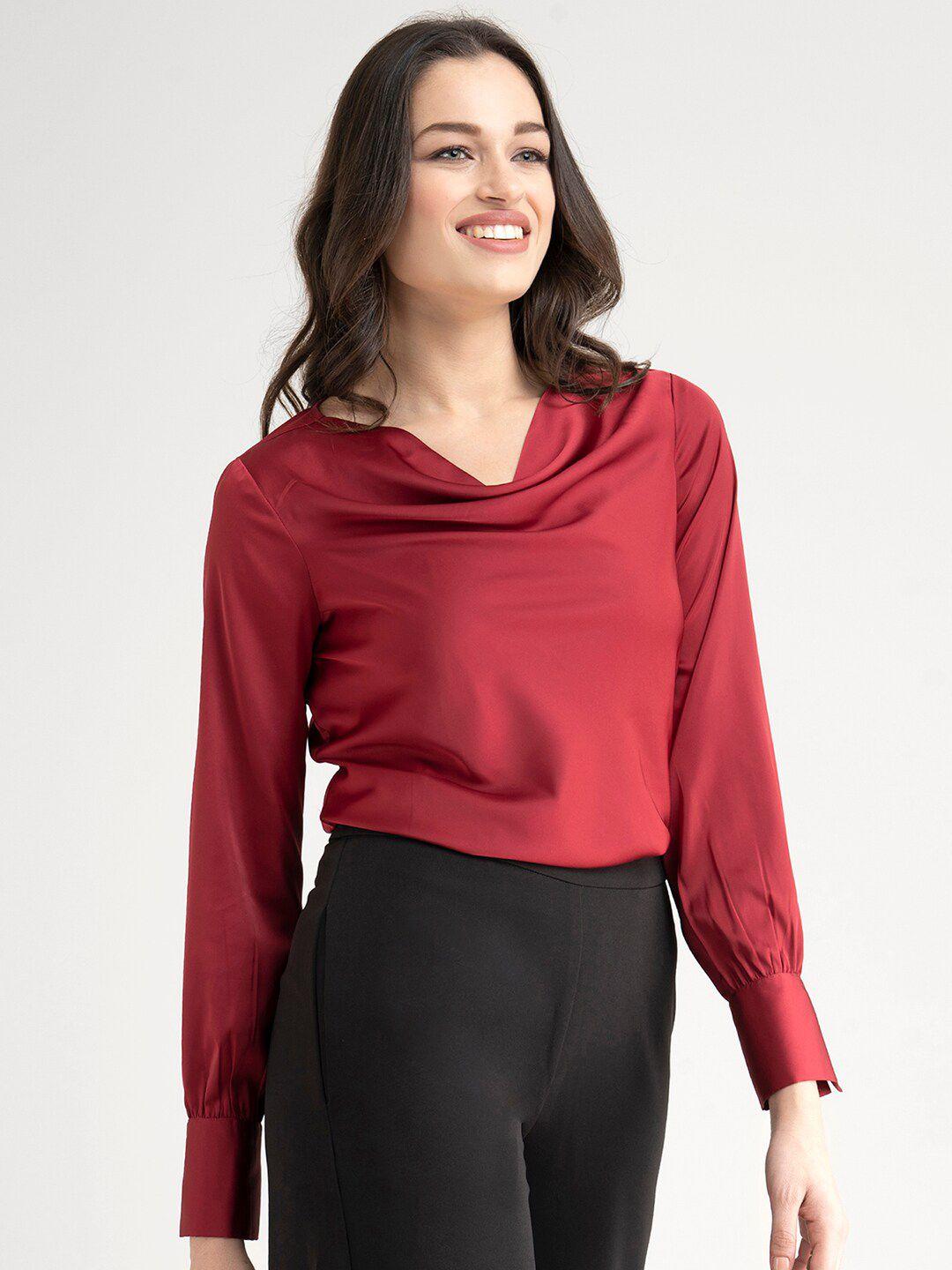 fablestreet maroon cowl neck satin top