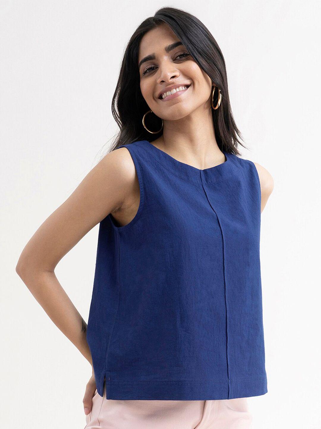 fablestreet navy blue linen boxy crop top