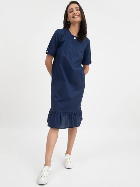 fablestreet navy linen relaxed fit a line dress