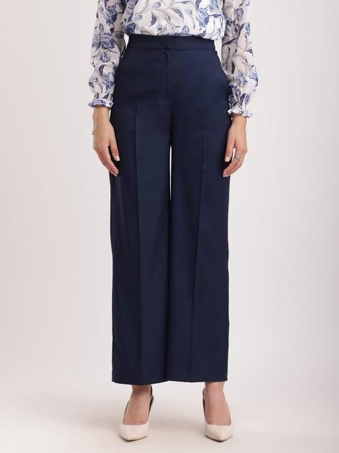 fablestreet navy polyester relaxed fit high rise trousers