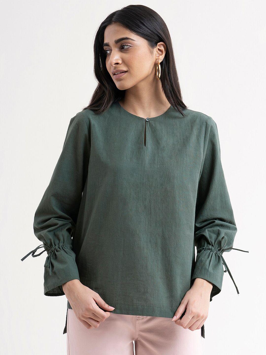 fablestreet olive green keyhole neck tie up sleeve top