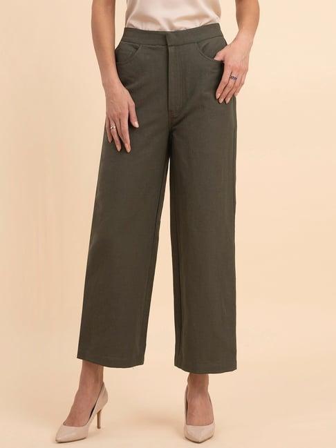 fablestreet olive linen relaxed fit mid rise trousers