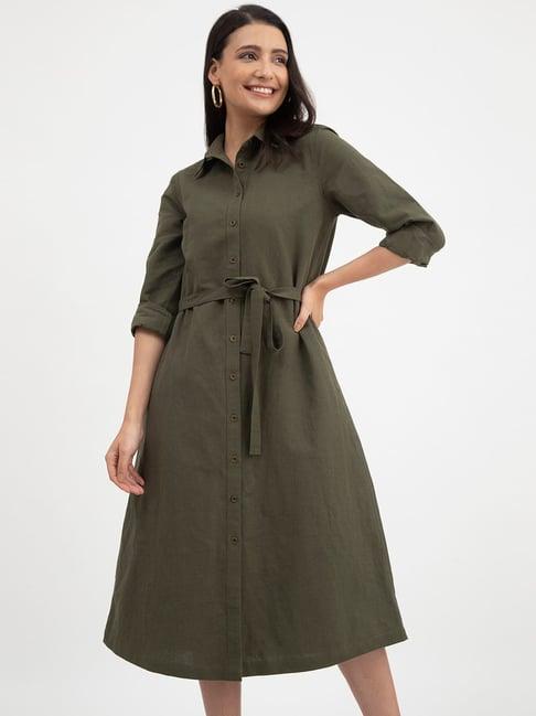 fablestreet olive linen relaxed fit wrap dress