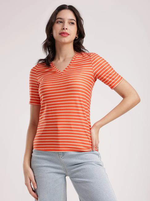 fablestreet orange & white cotton striped t-shirt