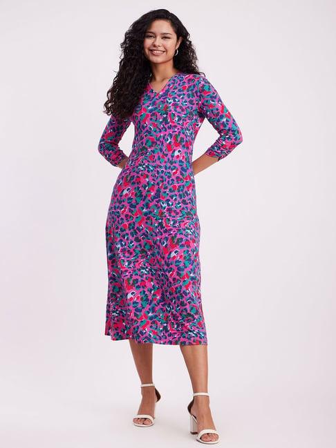 fablestreet pink & blue printed a-line dress