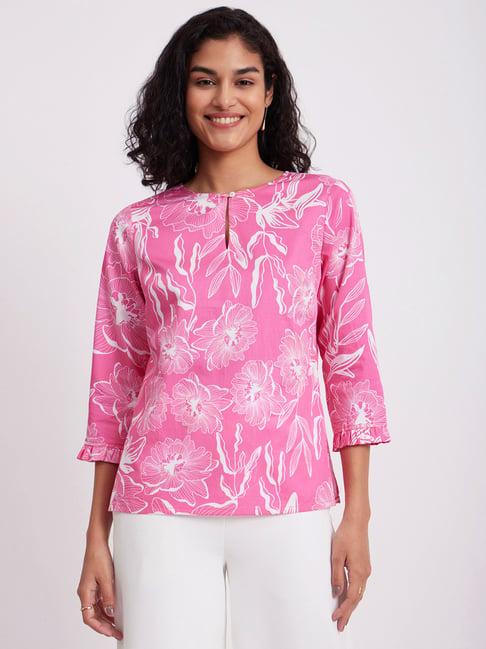 fablestreet pink & white cotton floral print top