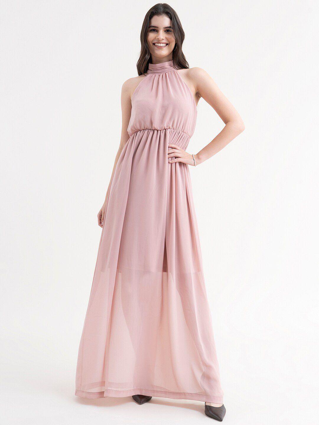 fablestreet pink halter neck georgette maxi dress