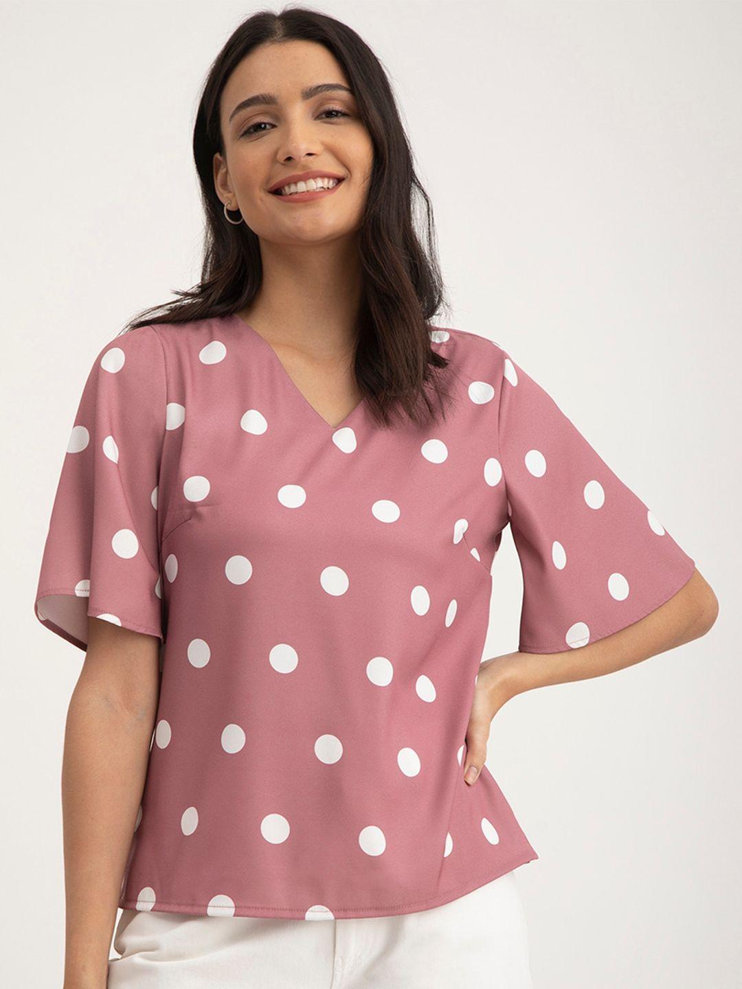 fablestreet polka dot printed v-neck flared sleeves top